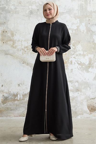 Kolu Yarım Biyeli Ribanalı Siyah Ferace