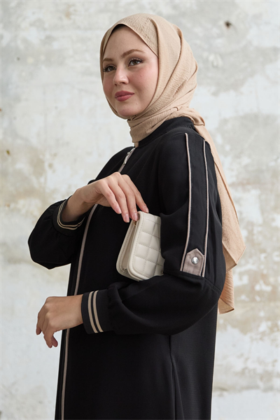 Kolu Yarım Biyeli Ribanalı Siyah Ferace