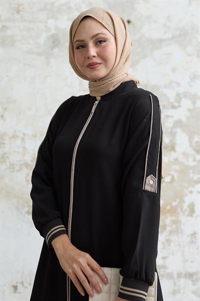 Kolu Yarım Biyeli Ribanalı Siyah Ferace