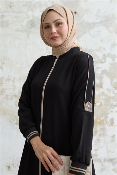 Kolu Yarım Biyeli Ribanalı Siyah Ferace