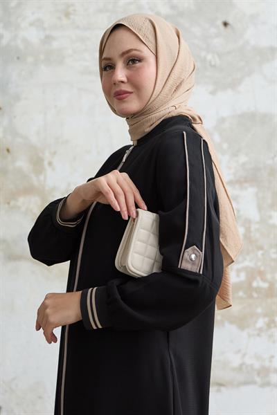 Kolu Yarım Biyeli Ribanalı Siyah Ferace