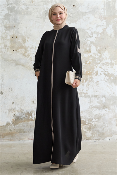 Kolu Yarım Biyeli Ribanalı Siyah Ferace