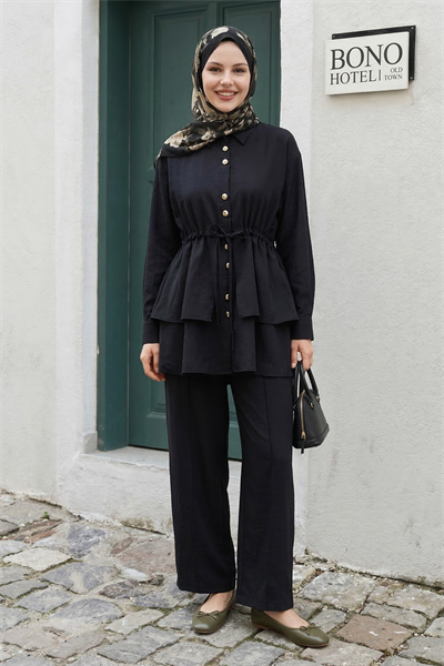 Köprü Kemer Pantolonlu Siyah Takım
