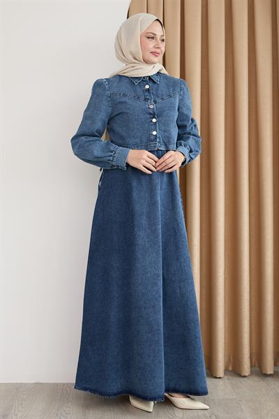 Kot Elbiseli Ceketli Beli Bağlamalı Mavi Takım