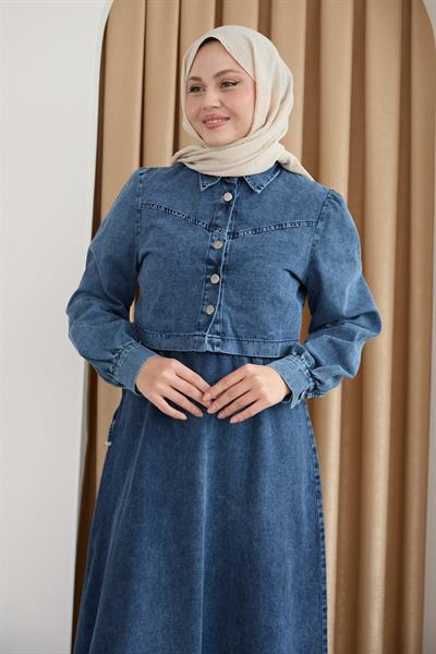 Kot Elbiseli Ceketli Beli Bağlamalı Mavi Takım