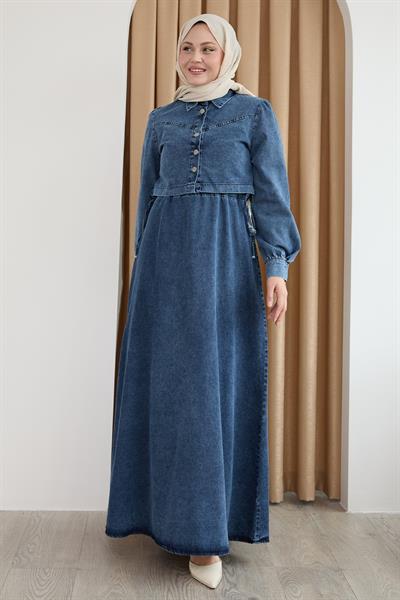 Kot Elbiseli Ceketli Beli Bağlamalı Mavi Takım