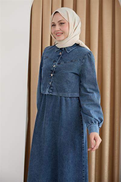 Kot Elbiseli Ceketli Beli Bağlamalı Mavi Takım