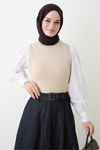 Kot Etekli Kemerli Bej Elbise