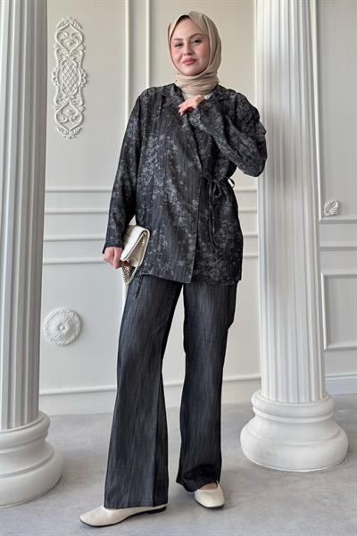 Kot Görünümlü Jakar Antrasit Kimono Takım