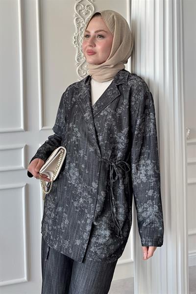 Kot Görünümlü Jakar Antrasit Kimono Takım