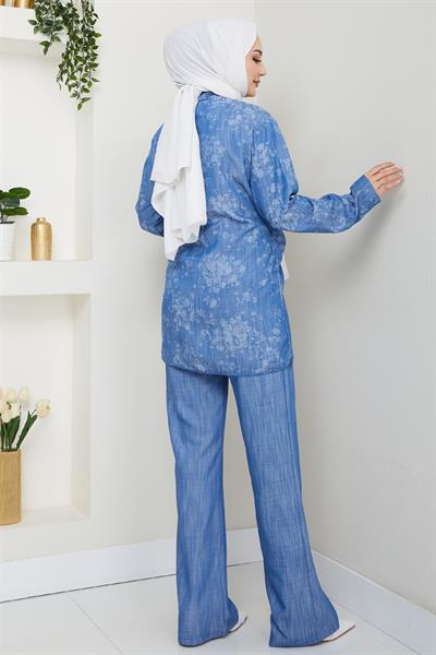 Kot Görünümlü Jakar Mavi Kimono Takım