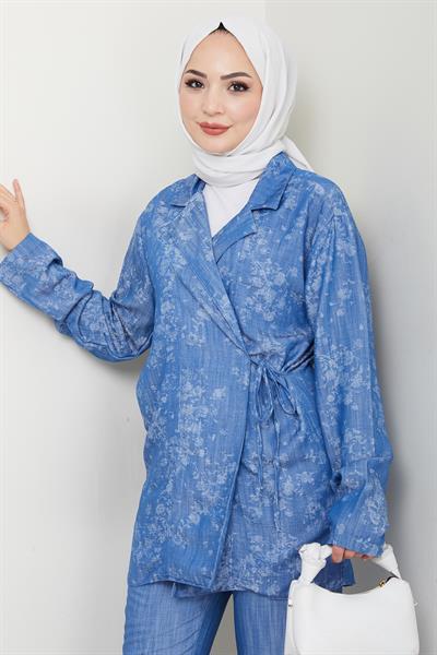 Kot Görünümlü Jakar Mavi Kimono Takım