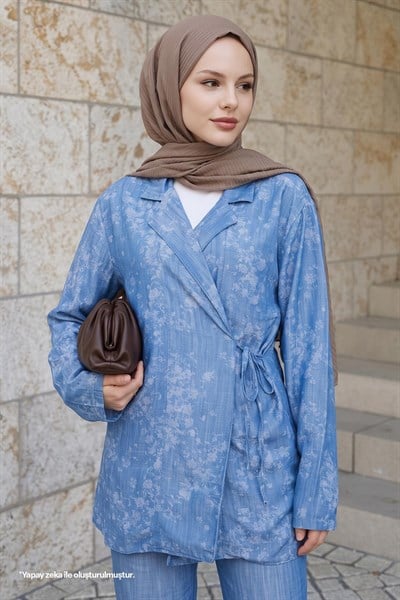 Kot Görünümlü Jakar Mavi Kimono Takım