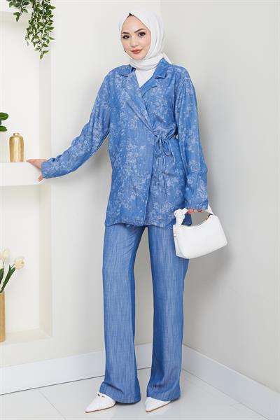 Kot Görünümlü Jakar Mavi Kimono Takım