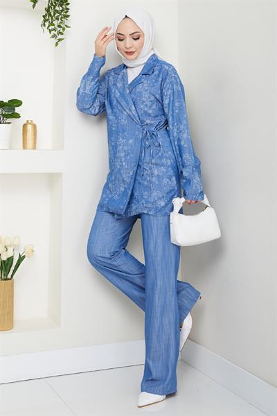 Kot Görünümlü Jakar Mavi Kimono Takım