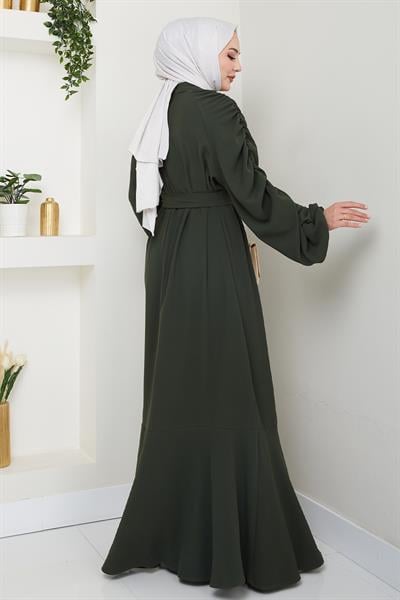 Krep Lastikli Haki Elbise