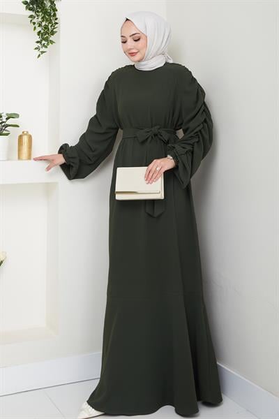 Krep Lastikli Haki Elbise