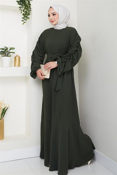 Krep Lastikli Haki Elbise
