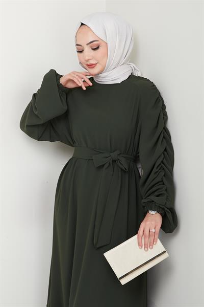 Krep Lastikli Haki Elbise