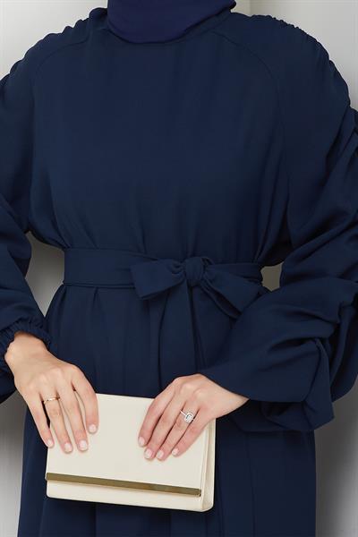 Krep Lastikli Lacivert Elbise