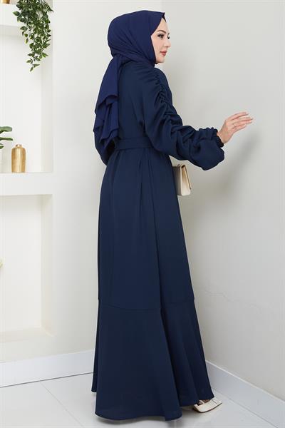 Krep Lastikli Lacivert Elbise