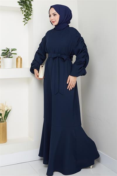 Krep Lastikli Lacivert Elbise