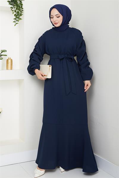 Krep Lastikli Lacivert Elbise