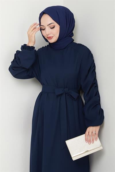 Krep Lastikli Lacivert Elbise