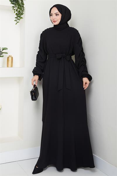 Krep Lastikli Siyah Elbise