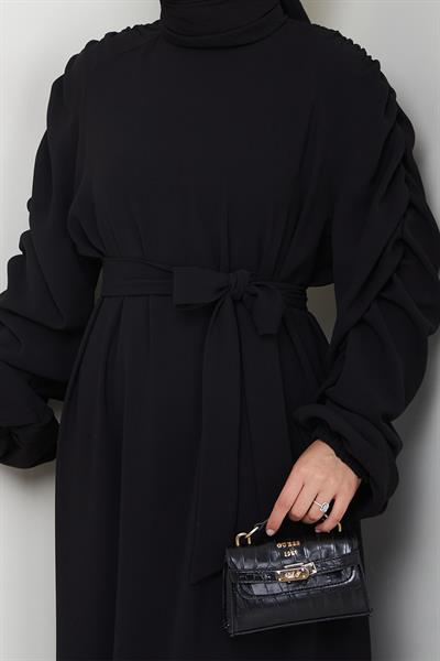 Krep Lastikli Siyah Elbise