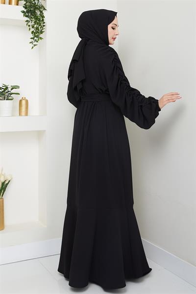 Krep Lastikli Siyah Elbise