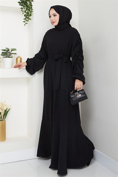 Krep Lastikli Siyah Elbise