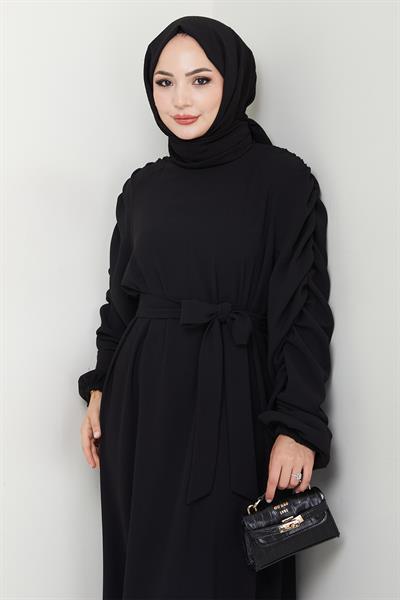 Krep Lastikli Siyah Elbise