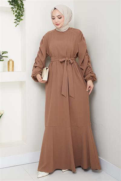 Krep Lastikli Sütlü Kahve Elbise