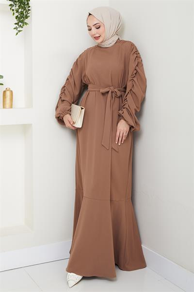 Krep Lastikli Sütlü Kahve Elbise