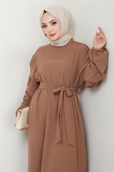 Krep Lastikli Sütlü Kahve Elbise