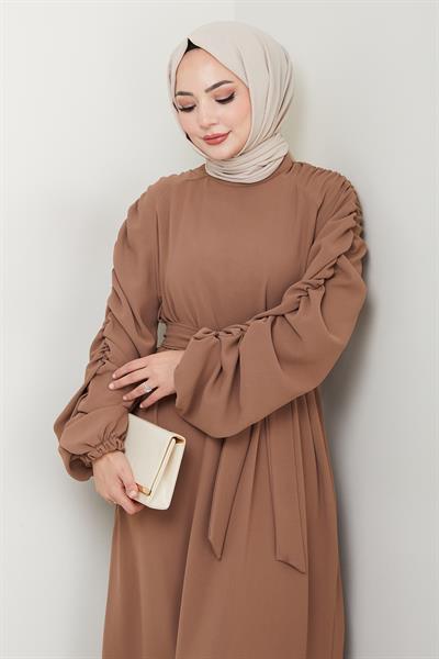 Krep Lastikli Sütlü Kahve Elbise