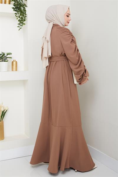 Krep Lastikli Sütlü Kahve Elbise