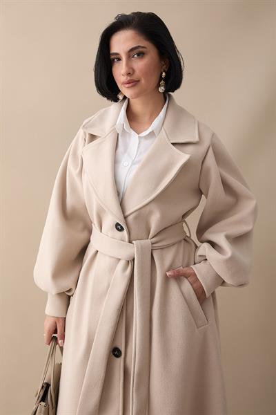 Kruvaze Balon Kol Kuşaklı Bej Kaşe Kaban