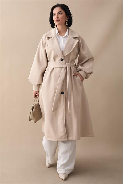 Kruvaze Balon Kol Kuşaklı Bej Kaşe Kaban