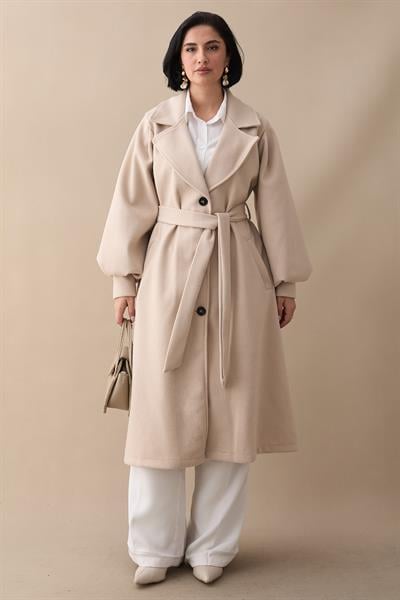 Kruvaze Balon Kol Kuşaklı Bej Kaşe Kaban