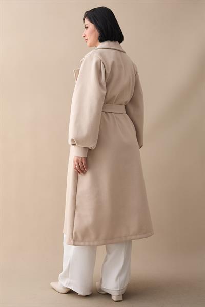 Kruvaze Balon Kol Kuşaklı Bej Kaşe Kaban