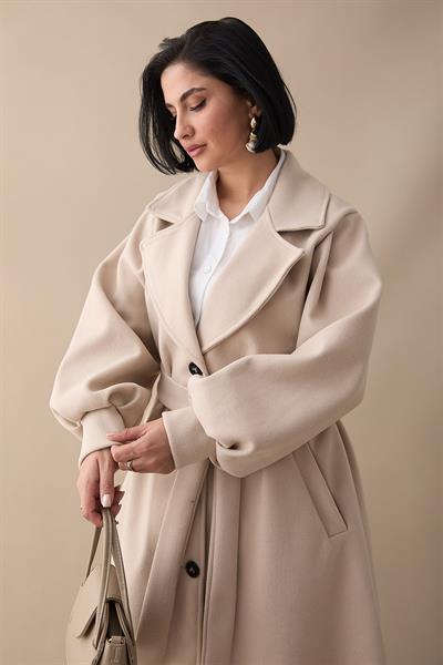 Kruvaze Balon Kol Kuşaklı Bej Kaşe Kaban