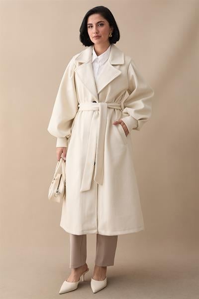 Kruvaze Balon Kol Kuşaklı Ekru Kaşe Kaban