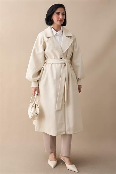 Kruvaze Balon Kol Kuşaklı Ekru Kaşe Kaban