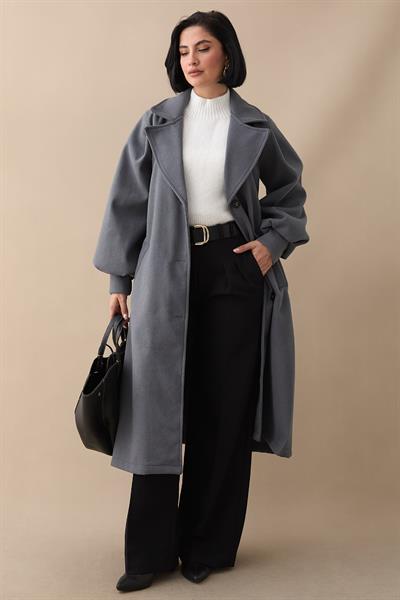 Kruvaze Balon Kol Kuşaklı Gri Kaşe Kaban