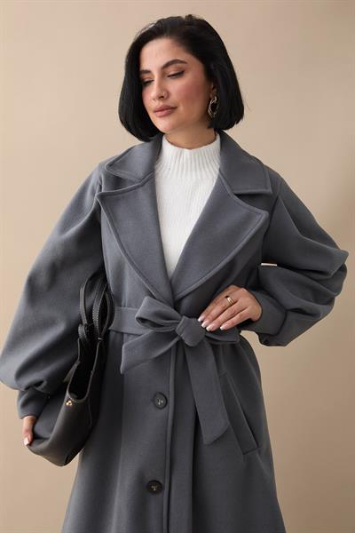 Kruvaze Balon Kol Kuşaklı Gri Kaşe Kaban