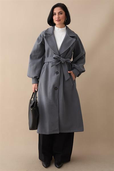 Kruvaze Balon Kol Kuşaklı Gri Kaşe Kaban