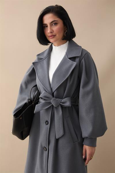 Kruvaze Balon Kol Kuşaklı Gri Kaşe Kaban