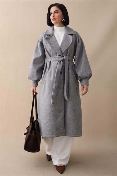 Kruvaze Balon Kol Kuşaklı Kırçıllı Açık Gri Kaşe Kaban